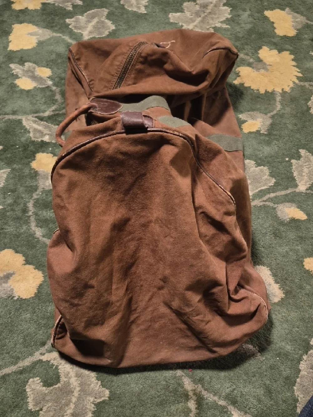 L.L. Bean Brown Canvas Duffel with Green Straps